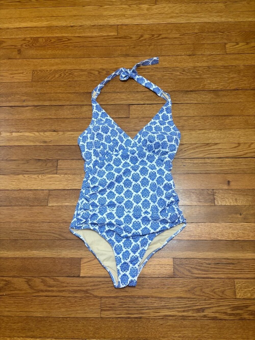 Garnet Hill Women One Piece Swimsuit Size 10 Blue White Halter Beach Vacation